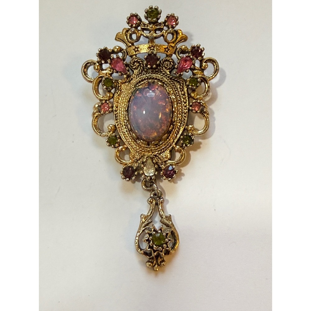 Coventry Vintage Brooch Pin Opalescent Stone Dangle Art‎ Deco Style Gold Tone